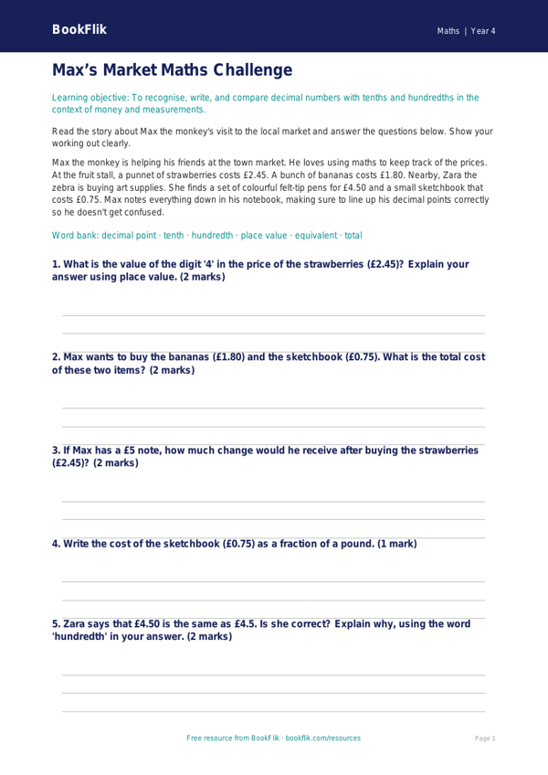 Free Decimals Quiz | Year 4 Core | BookFlik worksheet preview — Maths Decimals