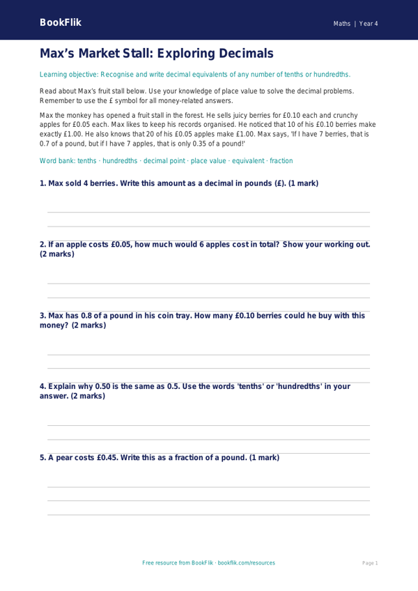 Free Decimals Worksheet | Year 4 Maths Practice | BookFlik worksheet preview — Maths Decimals