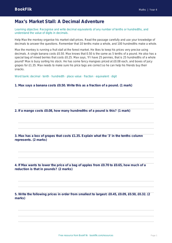 Free Decimals Track Sheet | Year 4 Core | BookFlik worksheet preview — Maths Decimals
