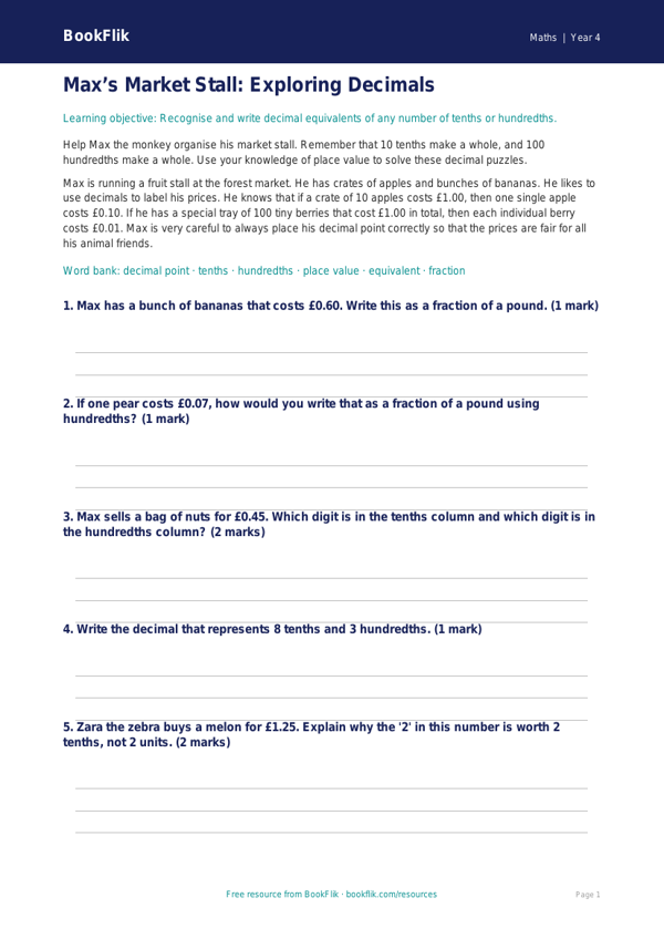 Free Decimals Worksheet | Year 4 Core | BookFlik worksheet preview — Maths Decimals