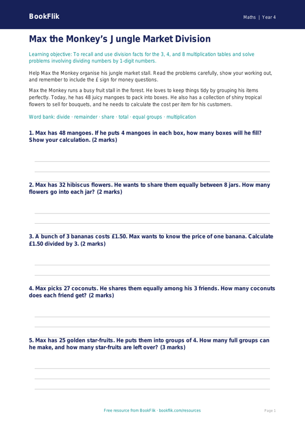Free Division Activity Sheet | Year 4 Core | BookFlik worksheet preview — Maths Division