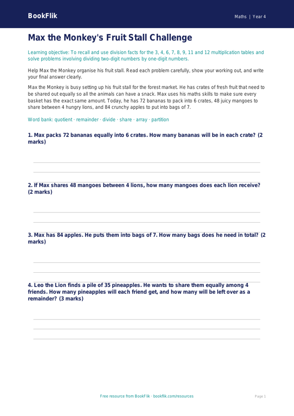 Free Division Assessment | Year 4 Core | BookFlik worksheet preview — Maths Division