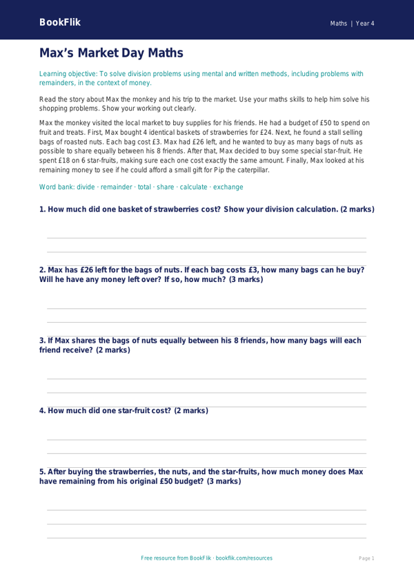 Free Division Comprehension | Year 4 Core | BookFlik worksheet preview — Maths Division