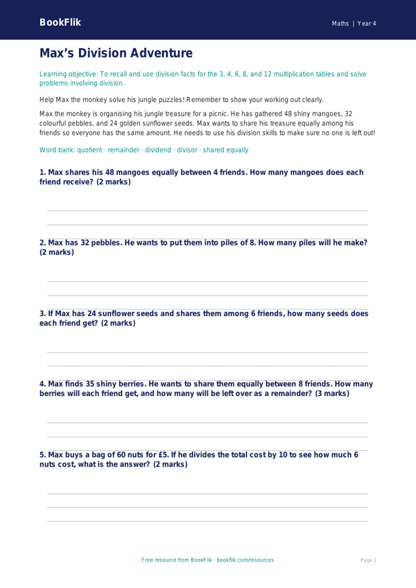 Free Division Flashcards | Year 4 Core | BookFlik worksheet preview — Maths Division
