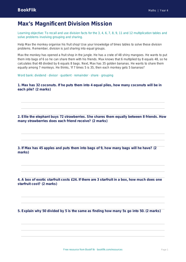 Free Division Poster | Year 4 Core | BookFlik worksheet preview — Maths Division
