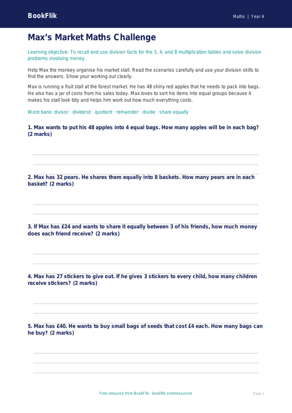 Free Division Quiz | Year 4 Core | BookFlik worksheet preview — Maths Division