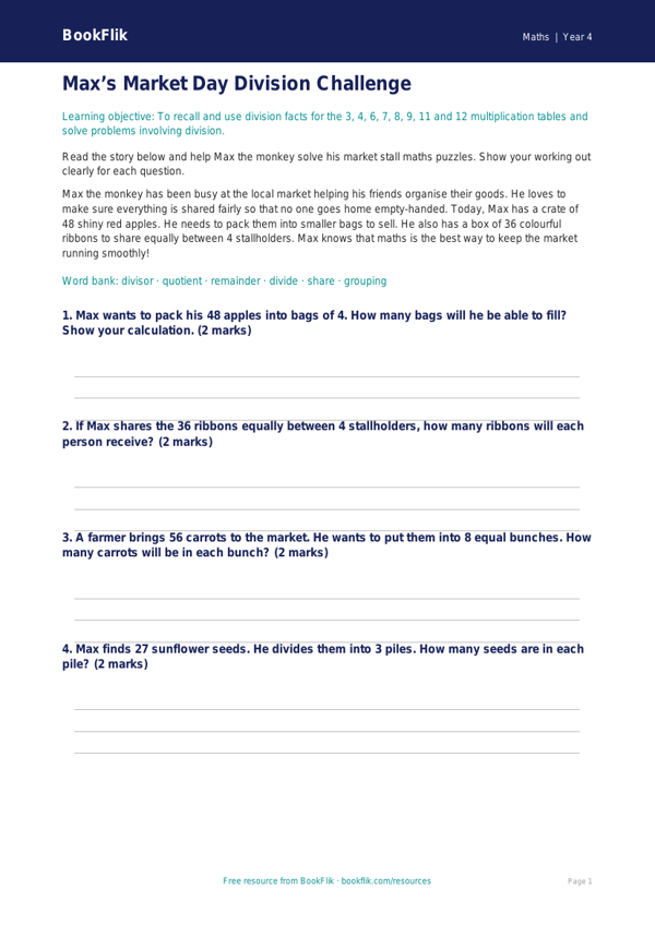 Free Division Template | Year 4 Core | BookFlik worksheet preview — Maths Division