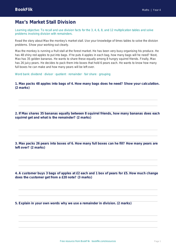 Free Division Track Sheet | Year 4 Core | BookFlik worksheet preview — Maths Division