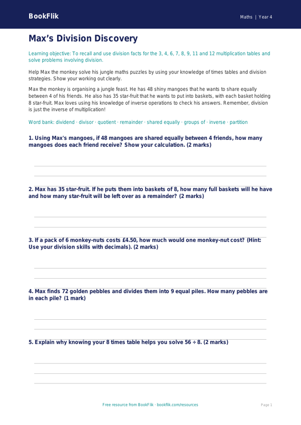 Free Division Word Mat | Year 4 Core | BookFlik worksheet preview — Maths Division