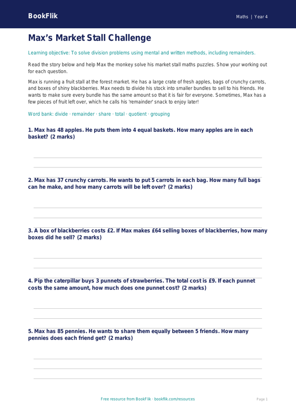 Free Division Worksheet | Year 4 Core | BookFlik worksheet preview — Maths Division