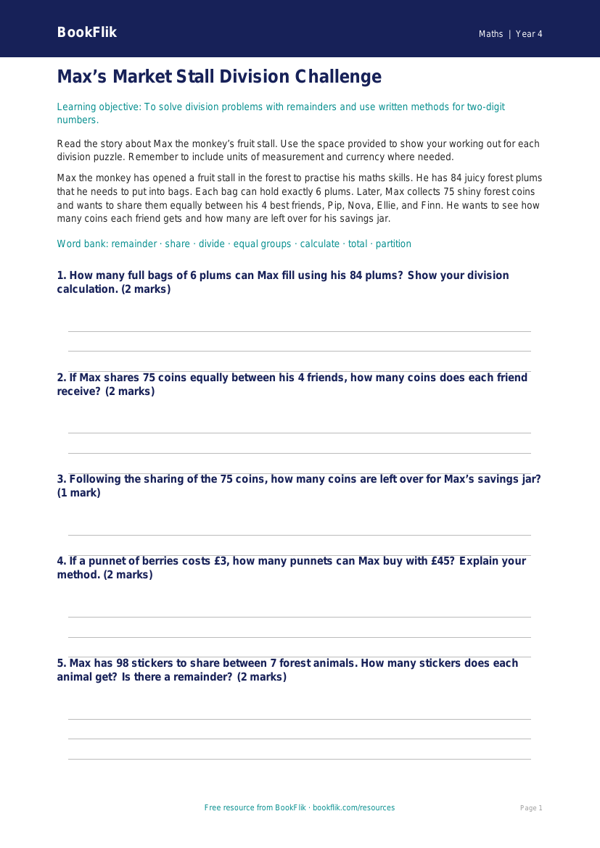 Free Division Writing Frame | Year 4 Core | BookFlik worksheet preview — Maths Division