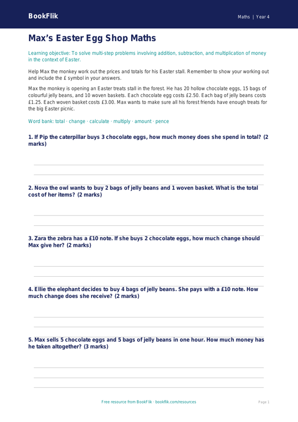 Free Easter Maths Activity Sheet | Year 4 Core | BookFlik worksheet preview — Maths Easter Maths