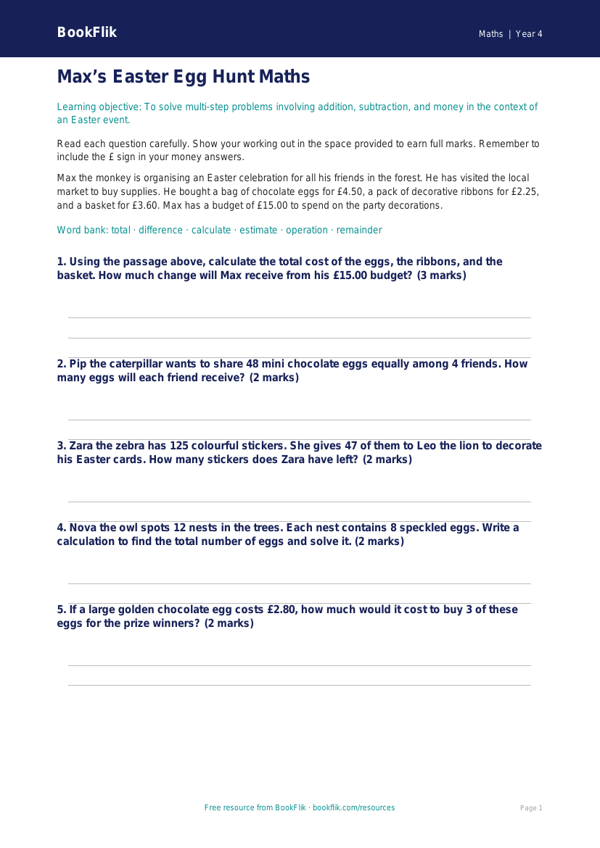 Free Easter Maths Assessment | Year 4 Core | BookFlik worksheet preview — Maths Easter Maths