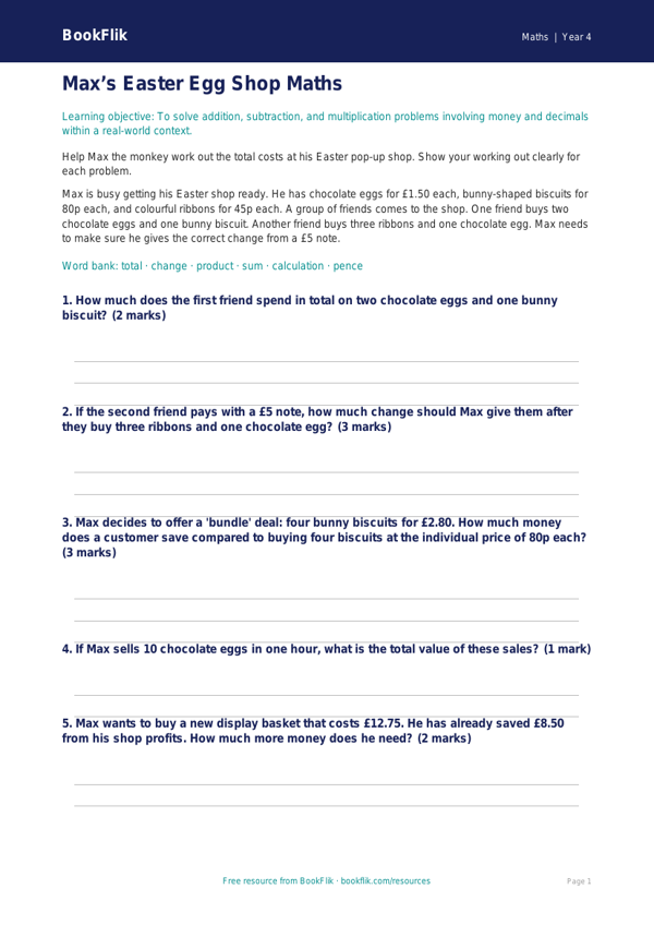 Free Easter Maths Colouring Page | Year 4 Core | BookFlik worksheet preview — Maths Easter Maths
