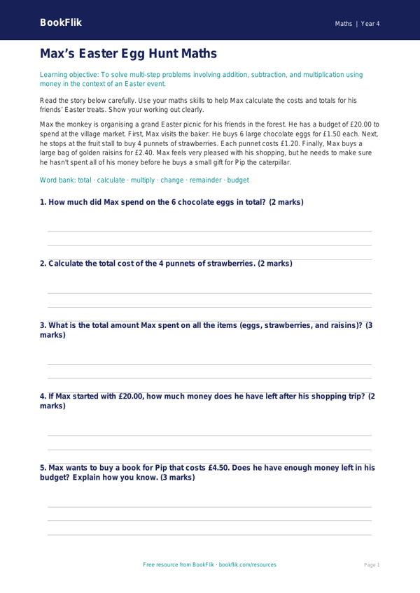Free Easter Maths Comprehension | Year 4 Core | BookFlik worksheet preview — Maths Easter Maths