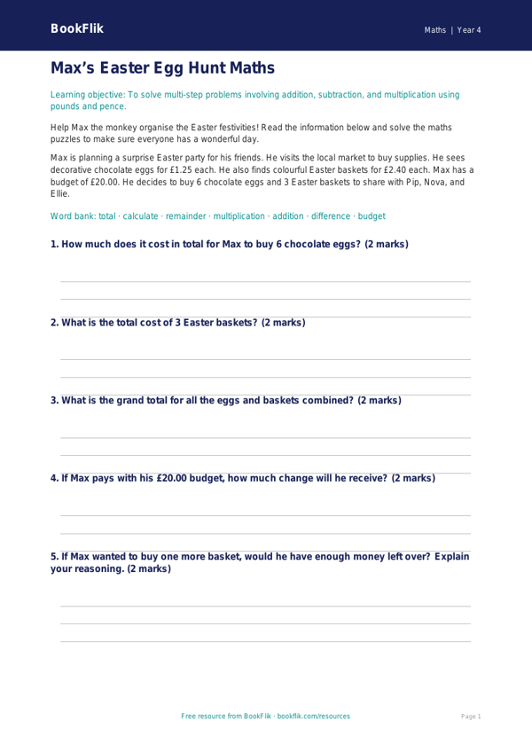 Free Easter Maths Poster | Year 4 Core | BookFlik worksheet preview — Maths Easter Maths