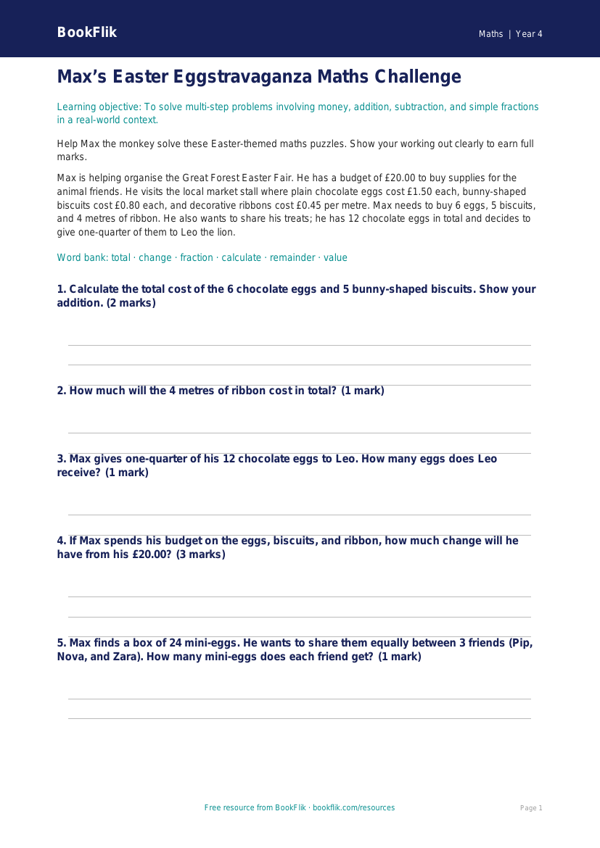 Free Easter Maths Quiz | Year 4 Core | BookFlik worksheet preview — Maths Easter Maths