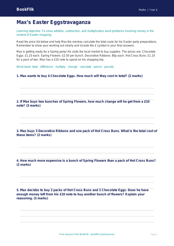 Free Easter Maths Template | Year 4 Core | BookFlik worksheet preview — Maths Easter Maths