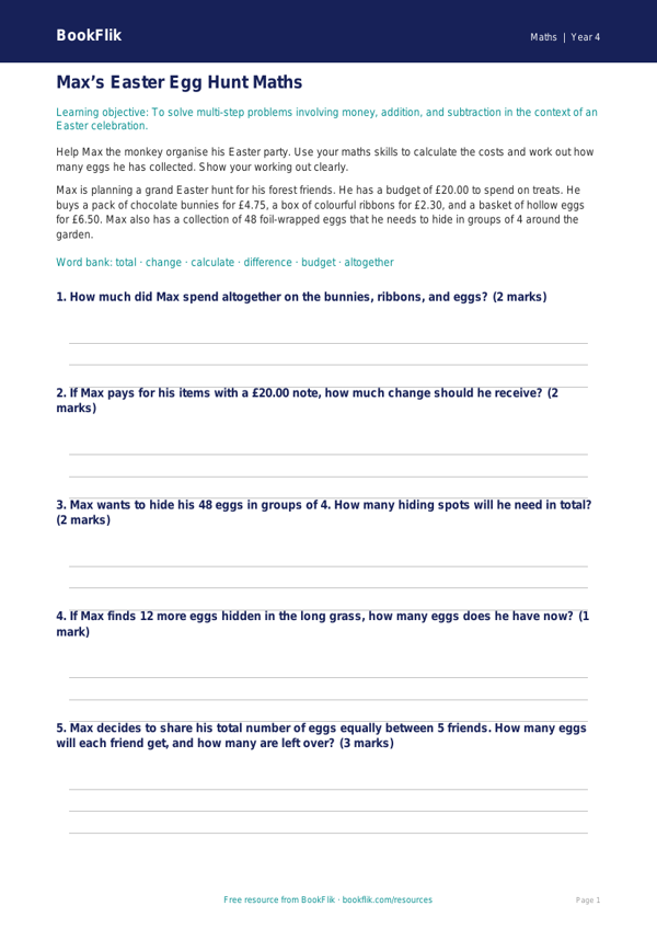 Free Easter Maths Track Sheet | Year 4 Core | BookFlik worksheet preview — Maths Easter Maths
