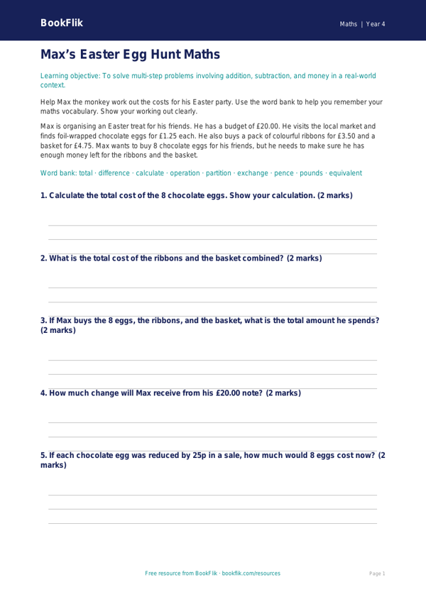 Free Easter Maths Word Mat | Year 4 Core | BookFlik worksheet preview — Maths Easter Maths