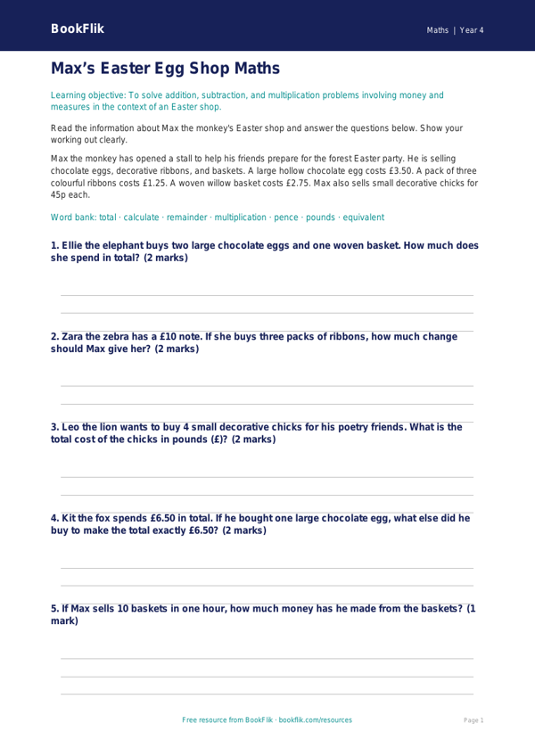 Free Easter Maths Worksheet | Year 4 Core | BookFlik worksheet preview — Maths Easter Maths