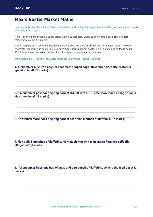 Free Easter Maths Writing Frame | Year 4 Core | BookFlik worksheet preview — Maths Easter Maths