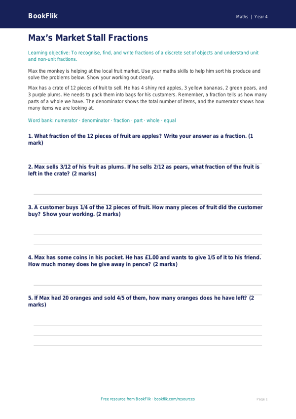 Free Fractions Activity Sheet | Year 4 Core | BookFlik worksheet preview — Maths Fractions