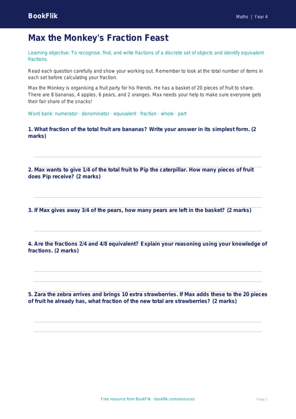 Free Fractions Assessment | Year 4 Core | BookFlik worksheet preview — Maths Fractions