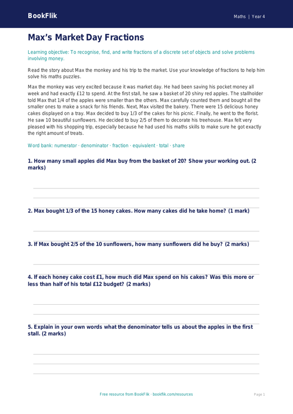 Free Fractions Comprehension | Year 4 Core | BookFlik worksheet preview — Maths Fractions