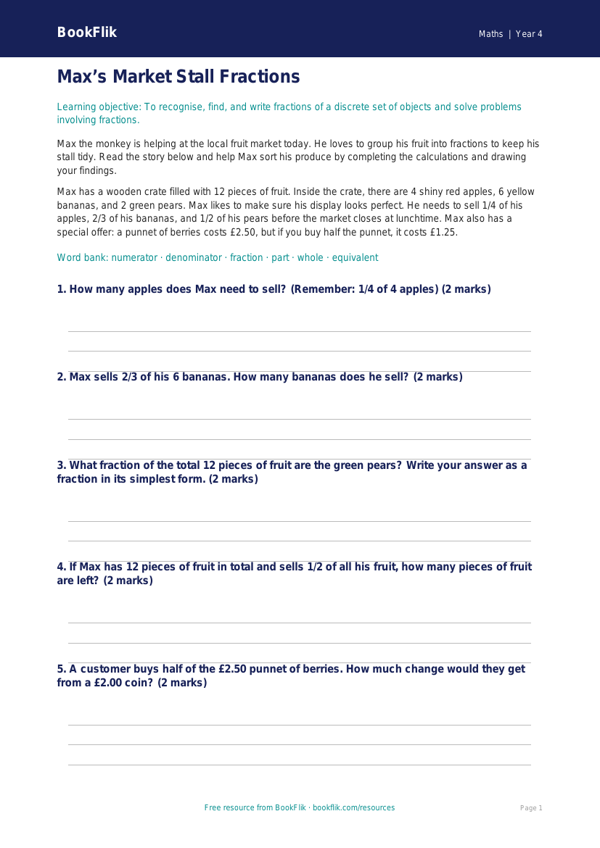 Free Fractions Drawing Sheet | Year 4 Core | BookFlik worksheet preview — Maths Fractions