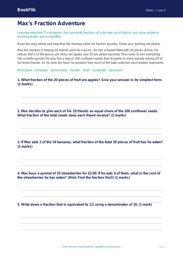 Free Fractions Flashcards | Year 4 Core | BookFlik worksheet preview — Maths Fractions