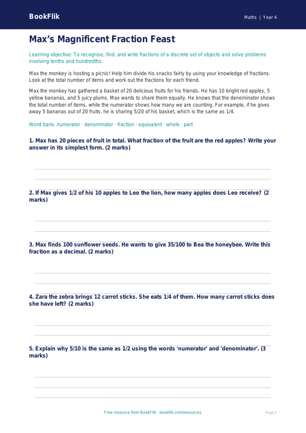 Free Fractions Poster | Year 4 Core | BookFlik worksheet preview — Maths Fractions
