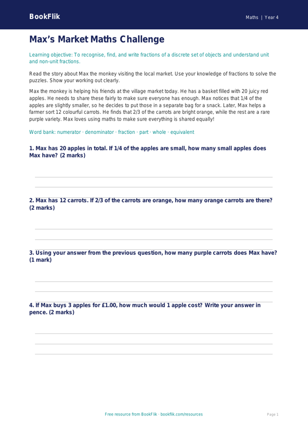 Free Fractions Quiz | Year 4 Core | BookFlik worksheet preview — Maths Fractions