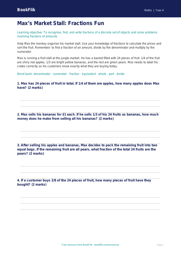 Free Fractions Template | Year 4 Core | BookFlik worksheet preview — Maths Fractions