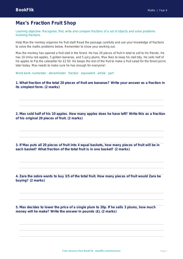 Free Fractions Track Sheet | Year 4 Core | BookFlik worksheet preview — Maths Fractions