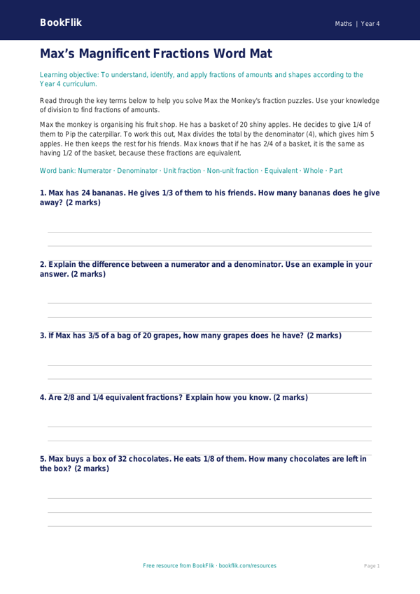 Free Fractions Word Mat | Year 4 Core | BookFlik worksheet preview — Maths Fractions