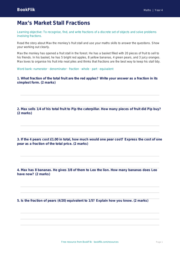 Free Fractions Worksheet | Year 4 Core | BookFlik worksheet preview — Maths Fractions