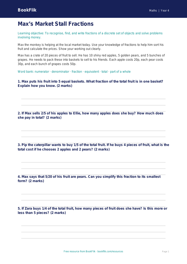 Free Fractions Writing Frame | Year 4 Core | BookFlik worksheet preview — Maths Fractions