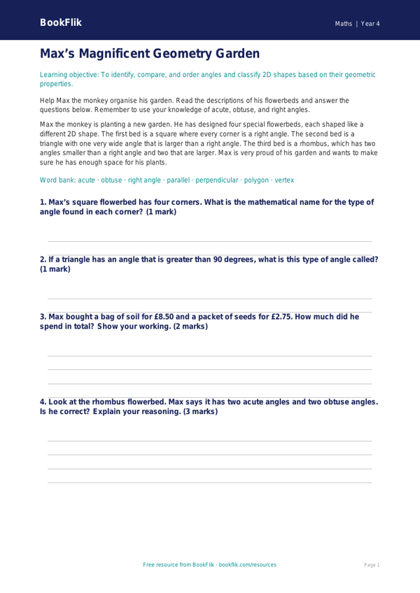 Free Geometry Activity Sheet | Year 4 Core | BookFlik worksheet preview — Maths Geometry