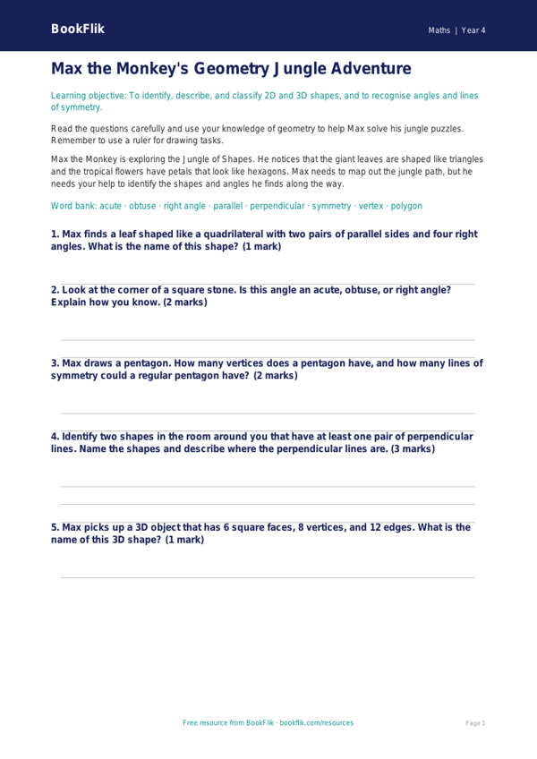 Free Geometry Assessment | Year 4 Core | BookFlik worksheet preview — Maths Geometry