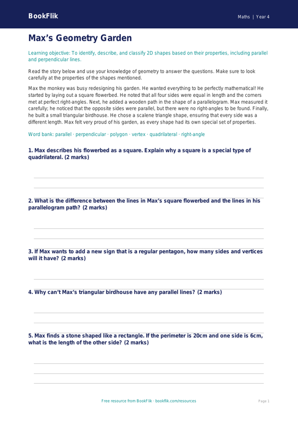Free Geometry Comprehension Worksheet | Year 4 Math | BookFlik worksheet preview — Maths Geometry
