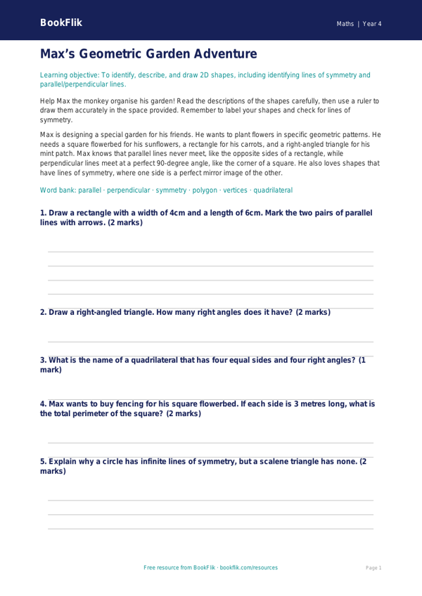 Free Geometry Drawing Sheet | Year 4 Core | BookFlik worksheet preview — Maths Geometry