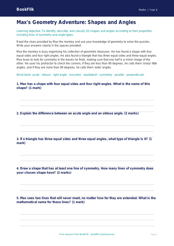 Free Geometry Flashcards | Year 4 Core | BookFlik worksheet preview — Maths Geometry