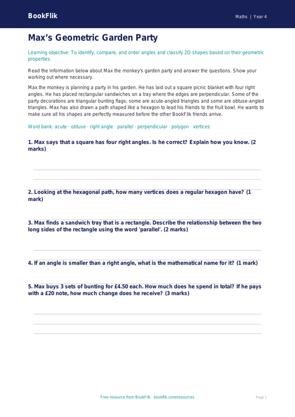 Free Geometry Quiz | Year 4 Core | BookFlik worksheet preview — Maths Geometry