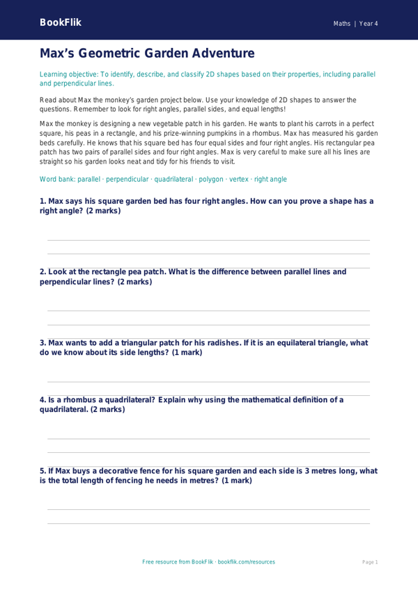 Free Geometry Template | Year 4 Core | BookFlik worksheet preview — Maths Geometry