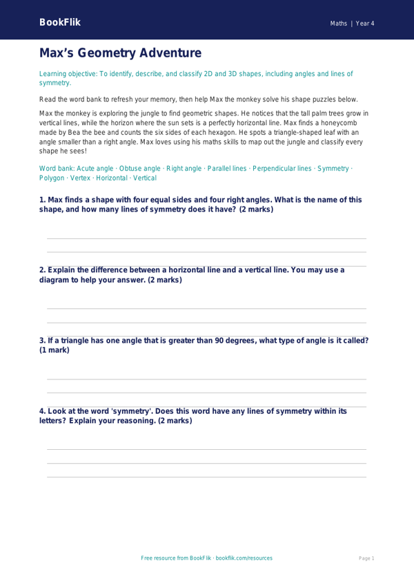 Free Geometry Word Mat | Year 4 Core | BookFlik worksheet preview — Maths Geometry