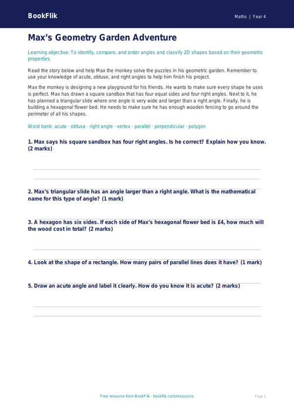 Free Geometry Worksheet | Year 4 Core | BookFlik worksheet preview — Maths Geometry