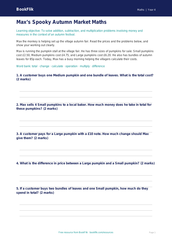 Free Halloween Maths Activity Sheet | Year 4 Core | BookFlik worksheet preview — Maths Halloween Maths