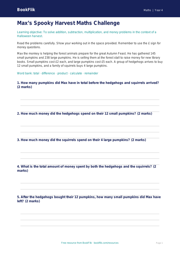 Free Halloween Maths Assessment | Year 4 Core | BookFlik worksheet preview — Maths Halloween Maths
