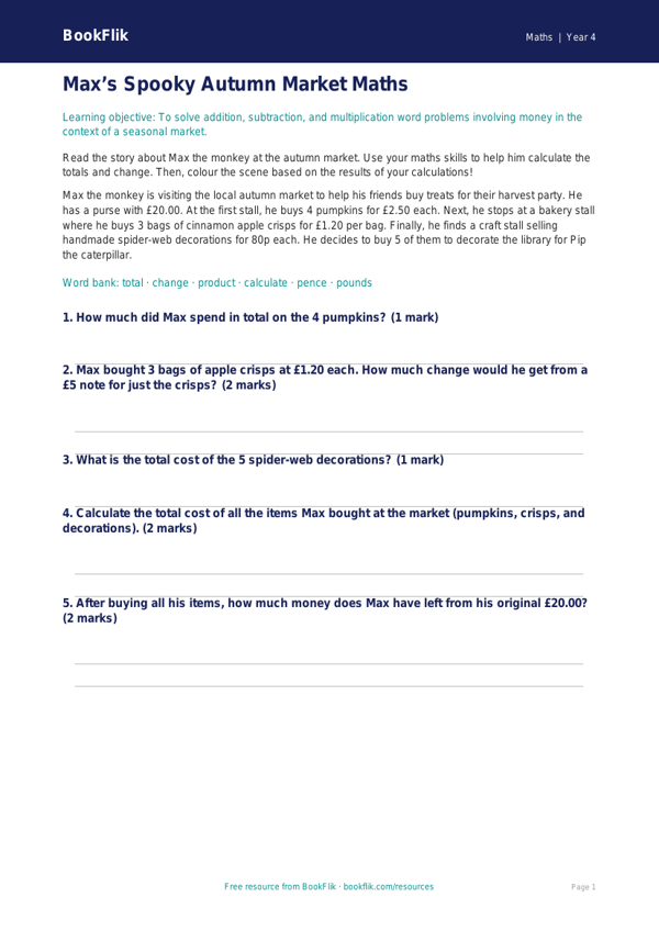 Free Halloween Maths Colouring Page | Year 4 Core | BookFlik worksheet preview — Maths Halloween Maths